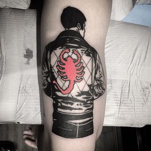 Tattoo by Noil Culture #NoilCulture #scorpiontattoos #scorpion #arachnid #insect #Drive #movie #movietattoo #jacket