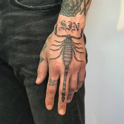 Tattoo by H B Nielsen #HBNielsen #scorpiontattoos #scorpion #arachnid #insect #blackandgrey #illustrative #oldschool #lettering #sin #oldenglish #font