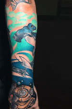 Neo Traditional ocean sleeve by Virgo done at Homesick Tattoo Studio in Oviedo, FL. #color #neotraditional #shark #ocean #sleeve #illustrative #detail #bright 