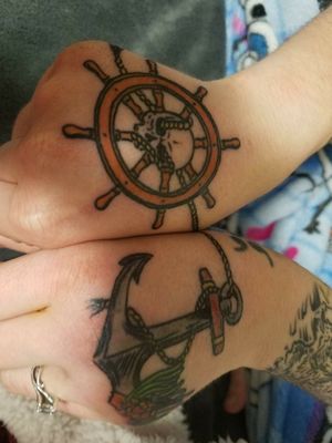 Here's my hand pieces, let me tell ya, in my personal opinion the hands were one of the most painful spots I've done but I got through it. These are my own two designs made to fit in with my pirate themed sleeve. 