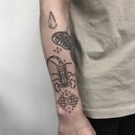 Tattoo by Johno #Johno #scorpiontattoos #scorpion #arachnid #insect #illustrative #linework #pattern #symbol #ornamental #stone #dotwork