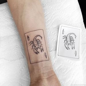 Tattoo by Graeme Maunder #graememaunder #scorpiontattoos #scorpion #arachnid #insect #card #ace #aces #hearts #playingcard #illustrative #linework
