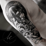#virginmary #tattooartist #blackandgrey #realism #realistic #realistictattoo #prayinghands #halo #filigree