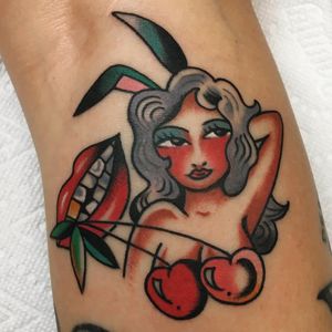 Tattoo by Cecile Pages #CecilePages #cherrytattoos #cherrytattoo #cherry #fruit #fruittattoo #foodtattoo #food  #color #traditional #babe #lady #lips #mouth #playboybunny #bunny #ladyhead #cute
