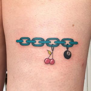 Tattoo by Albie #Albie #Albiemakestattoos #cherrytattoos #cherrytattoo #cherry #fruit #fruittattoo #foodtattoo #food #cute #chain #eightball #charmbracelet #charms