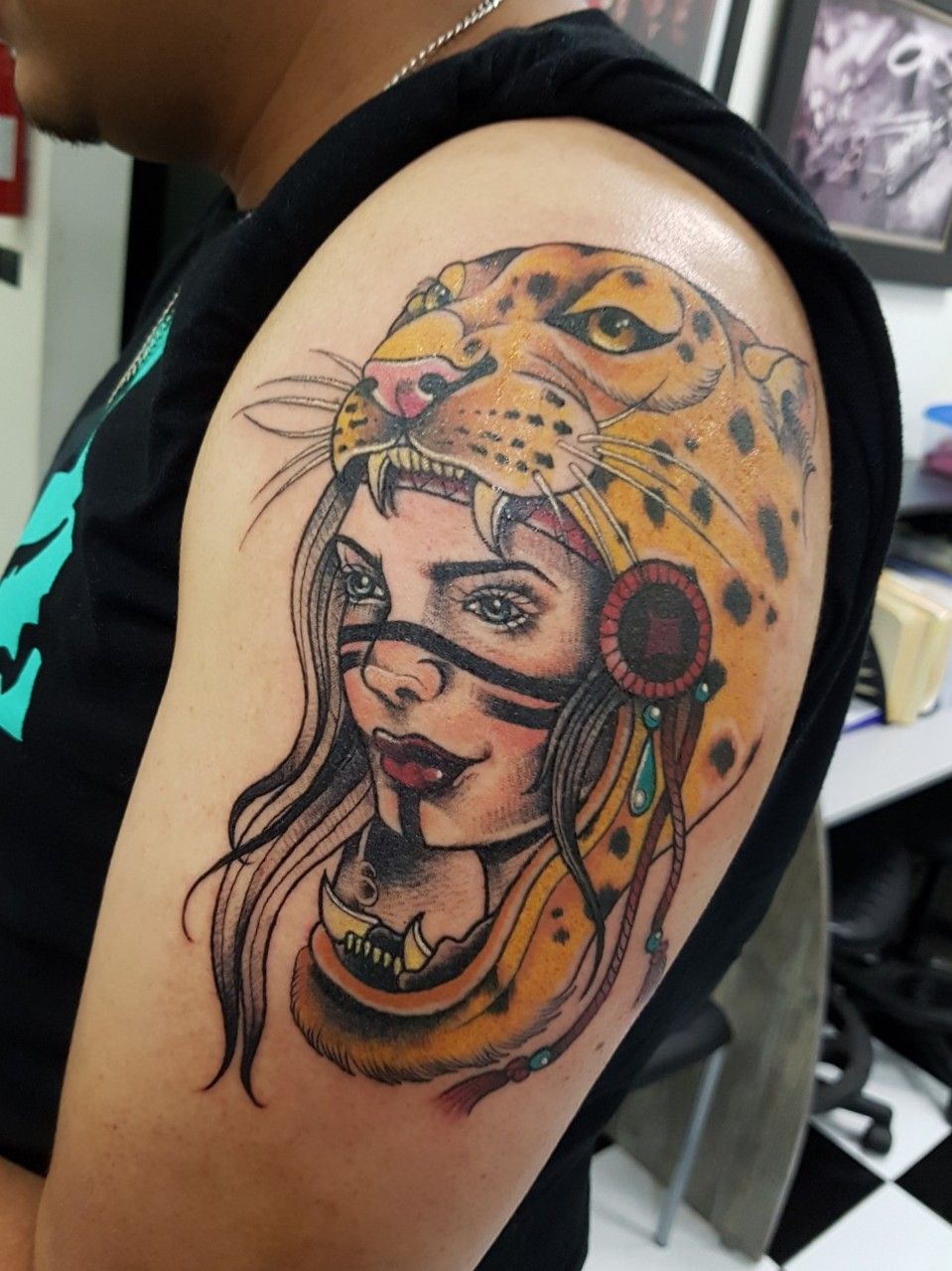 Tattoo uploaded by La Clínica Tatuajes y Perforaciones • Guerrera Jaguar  Tatuaje hecho por Tigre en sucursal Av. Corregidora #160 Centro Querétaro  #neotraditionaltattoos • Tattoodo