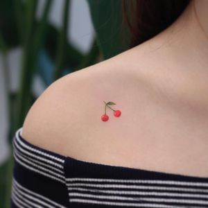 Tattoo by Saegeem #Saegeem #cherrytattoos #cherrytattoo #cherry #fruit #fruittattoo #foodtattoo #food #cute #realism #realistic #watercolor #color #tiny #small #minimal