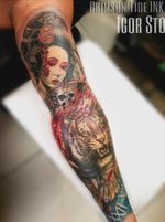 Inner part of sleeve done! Work by Igor Sto #londontattoo #londontattoos #geisha #geishatattoo #geishahead #skull #skulltattoo #tiger #tigertattoo #colortattoo #colorsleeve #sleevetattoo #tattoosformen 