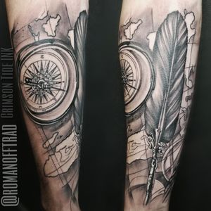 Classic combo - map, compass, featherWork by Alex Romanoff, our regular guest#londontattoo #londontattoos #compass #compasstattoo #blackandgreytattoo #blackandgrey #feathertattoo #feather #map #maptattoo #realistic #realistictattoo 