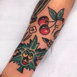 Tattoo by Needles Tattooing #Needlestattooing #cherrytattoos #cherrytattoo #cherry #fruit #fruittattoo #foodtattoo #food #cute #color #traditional #weed #weedlead #maryjane #420 #flowers