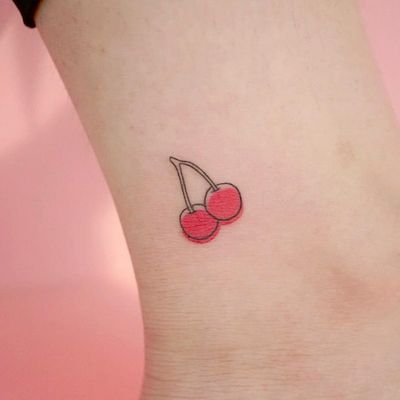 Tattoo by Xiso Ink #XisoInk #cherrytattoos #cherrytattoo #cherry #fruit #fruittattoo #foodtattoo #food #popart #color #graphic #simple #minimal #small #tiny #cute