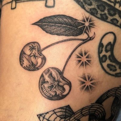 Tattoo by Tamara Santibanez #TamaraSantibanez #cherrytattoos #cherrytattoo #cherry #fruit #fruittattoo #foodtattoo #food #cute #illustrative #oldschool #sparkles #skull #island #beach #palmtrees #ocean