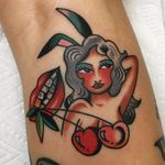 Tattoo by Cecile Pages #CecilePages #cherrytattoos #cherrytattoo #cherry #fruit #fruittattoo #foodtattoo #food #color #traditional #babe #lady #lips #mouth #playboybunny #bunny #ladyhead #cute