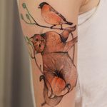 Tattoo by Joanna Świrska aka Dzo Lama #JoannaSwirska #DzoLama #illustrative #nature #sketch #linework #dotwork #cat #kitty #leaves #plants #bird #watercolor