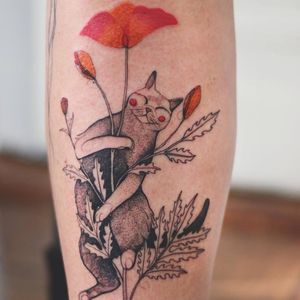 Tattoo by Joanna Świrska aka Dzo Lama #JoannaSwirska #DzoLama #illustrative #nature #sketch #linework #dotwork #cat #kitty #flowers #floral #leaves #plants #watercolor