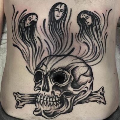 Tattoo by Boone Naka #BooneNaka #badasstattoo #blackwork #illustrative #surreal #strange #portrait #witches #skull #bones #death #ghosts #hell
