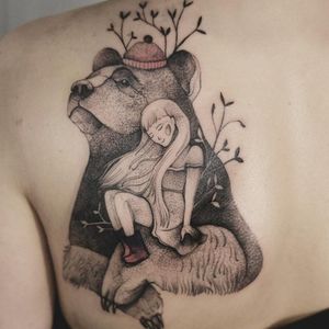 Tattoo by Joanna Świrska aka Dzo Lama #JoannaSwirska #DzoLama #illustrative #nature #sketch #linework #dotwork #bear #girl #leaves #friends #cute #watercolor