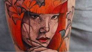 Tattoo by Joanna Świrska aka Dzo Lama #JoannaSwirska #DzoLama #illustrative #nature #sketch #linework #dotwork #portrait #lady #leaves #plants