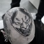 Tattoo by Oscar Hove #OscarHove #badasstattoo #blackwork #linework #Japanese #Hannya #mask #yokai #monster #demon #horns #scalptattoo #headtattoo #darkart
