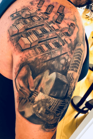 cover up in progress, guitar and hand healed, micro (other artist) still needs a touch up