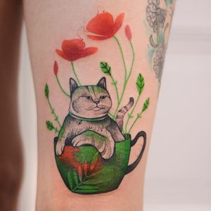 Tattoo by Joanna Świrska aka Dzo Lama #JoannaSwirska #DzoLama #illustrative #nature #sketch #linework #dotwork #cat #leaves #flowers #teacup #watercolor