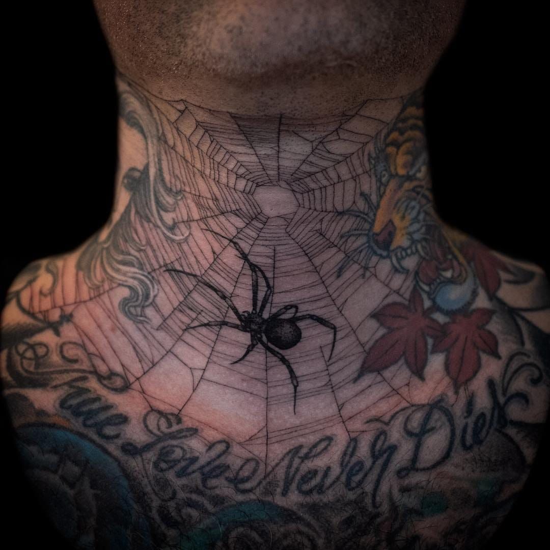 Grey Ink Razor And Spider Web Neck Tattoo