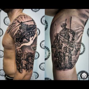 Black and grey realistic "Army" tattoo. Upper arm sleeve. #blackandgrey #realistic #armsleeve #sleeve #armytattoo #army #military #realism #patong #phuket #thailand 
