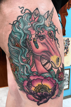 ✨Part healed part fresh Unicorn ✨ #unicorn #majestic #neotraditional #ladytattooers #amandanoelle #huntsvilletx #huntsvilletattoos #colortattoos #colorful #texas 