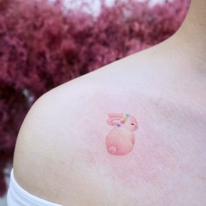 Tattoo by Nemo #NemoTattoo #Seoultattoos #Seoul #KoreanArtist #color #watercolor #bunny #rabbit #flowers #floral #cute #sweet #small #pink