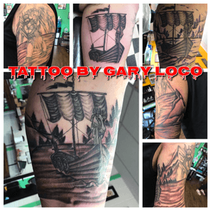 Added to an excisting viking character tattoo. Worked around the arm and evened out the landscape. Added the ship and background. In progress. 
