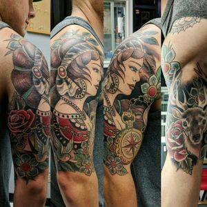 Traditional half sleeve full color gypsy compass elk roses tattoo 