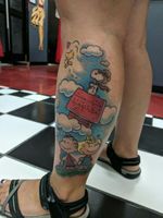 Snoopy peanuts memorial tattoo calf piece cartoon full color