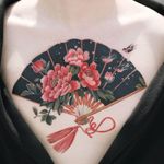 Tattoo by Sion #Sion #tattooistsion #Seoultattoos #Seoul #KoreanArtist #color #neotraditional #fan #peony #flowers #floral #tassel #birds #nature