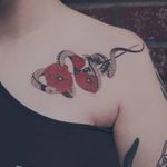 Tattoo by Mio aka cochlea1313 #Mia #cochlea1313 #Seoultattoos #Seoul #KoreanArtist #illustrative #poppy #flower #floral #snake #serpent #redink #blackandgrey