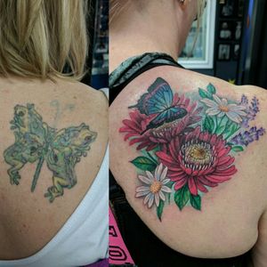 Shoulder blade cover up, flower tattoo, tattoo repair