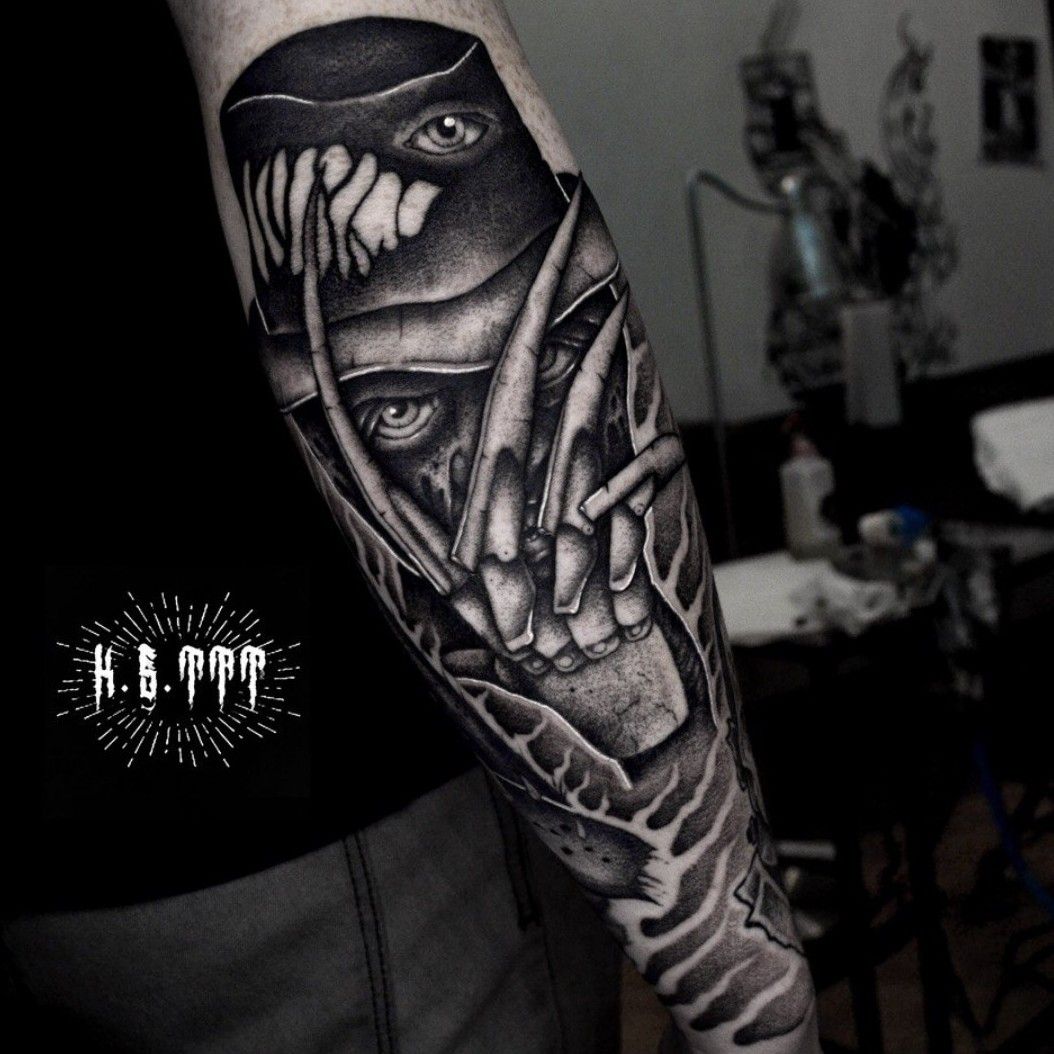 Black and Grey Realistic Freddy Krueger Portrait Tattoo by Brandon Albus at  Dark Age Tattoo Studio in Denton  Horror tattoo Movie tattoos Freddy  krueger tattoo