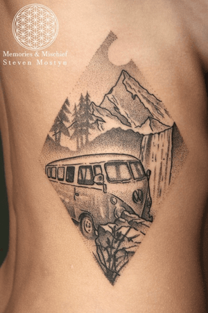 Dotwork VW Camper with mountain landscape, designed and tattooed by Mister Mostyn. #dotwork #landscape #mountains #waterfall #VWbus #vwcamper #volkswagen 