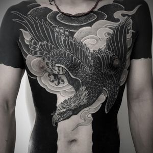 Tattoo by Gakkin #Gakkin #besttattoos #bodysuit #blackandgrey #bird #wings #feathers #cloud #smoke #blackfill #pattern #Japanese