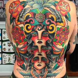 Tattoo by Robert Ryan #RobertRyan #besttattoos #color #traditional #fortuneteller #gypsy #rose #flower #floral #wings #pearls #thirdeye #backpiece