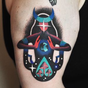 Tattoo by David Peyote #DavidPeyote #psychedelictattoo #psychedelic #surreal #trippy #strange #acid #lsd #mushrooms #human #earth #moon #stars #space #galaxy #meditation #otherworldly