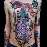 Tattoo by Geoff Horn #GeoffHorn #psychedelictattoo #psychedelic #surreal #trippy #strange #acid #lsd #mushrooms #color #illustrative #wizard #galaxy #fire #castle #space #planets #galaxy #magic #moon