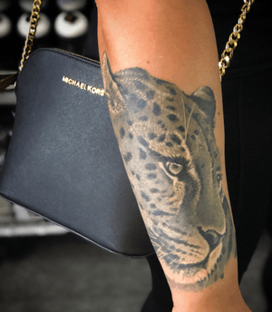 Coverup tattoo black abd grey with opaque greys, realistic panther underarm tattoo.