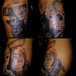 Leprechaun, Freddy Krueger, Jason, Chucky.Horror tattoo