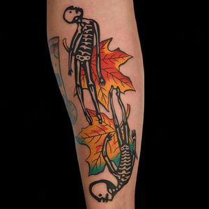 Tattoo by Alex Zampirri #AlexZampirri #besttattoos #traditional #illustrative #skeletons #skulls #death #fall #mapleleaf #leaves #nature #music #musictattoo #brighteyes