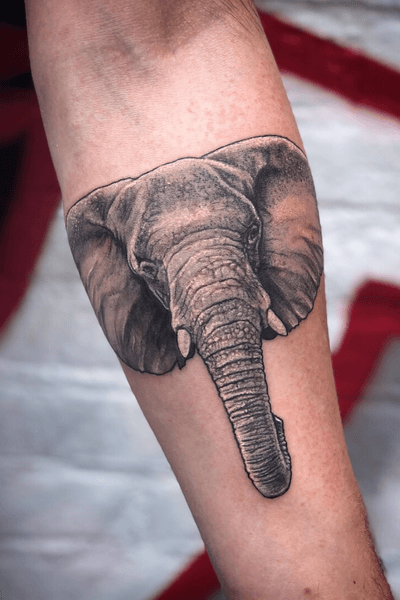 Elephant tattoo black and grey realistic underarm.