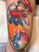 My new #Mario tattoo by #Sausage #walterfrank #revolttattoos #revoltmeadows #lasvegas #nevada #nintendo #supermario #supermariobros #supersmashbros #smashball #fireball #switch #nes #snes #n64 #gamecube #wii #wiiu #plumber #marioluigi #newschool #colortattoo #ink