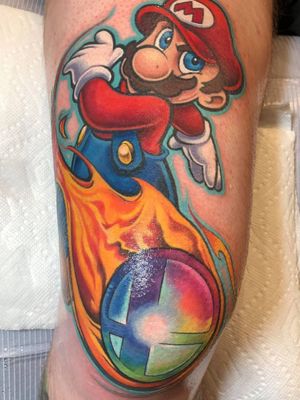 My new #Mario tattoo by #Sausage#walterfrank #revolttattoos #revoltmeadows #lasvegas #nevada #nintendo #supermario #supermariobros #supersmashbros #smashball #fireball #switch #nes #snes #n64 #gamecube #wii #wiiu #plumber #marioluigi #newschool #colortattoo #ink