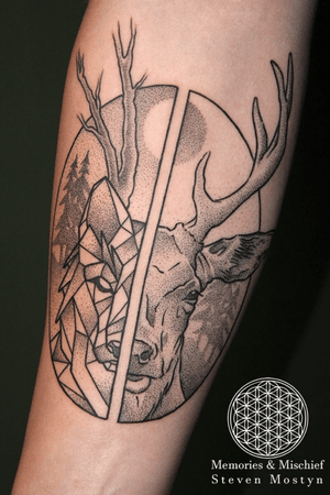 Dotwork Night/Day Wolf/Stag designed and tattooed by Mister Mostyn. #dotwork #stag #wolf #geometric #forearm #germany 