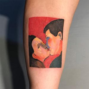 Tattoo by Mick Hee #MickHee #finearttattoos #finearttattoo #fineart #painting #replica #SandroChia #watercolor #color #abstract #cubist #portrait #faces #ladyhead #kiss #couple #love
