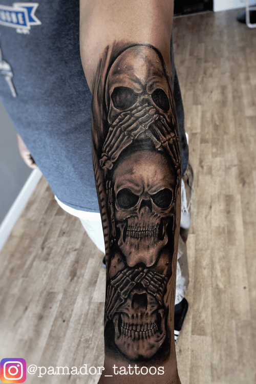 Tattoo Uploaded By Pedro Amador See No Evil Hear No Evil Speak No Evil Skull Skulltattoo Realisticskull Realism Blackandgray Halfsleeve Tattoo Speaknoevil 680531 Tattoodo